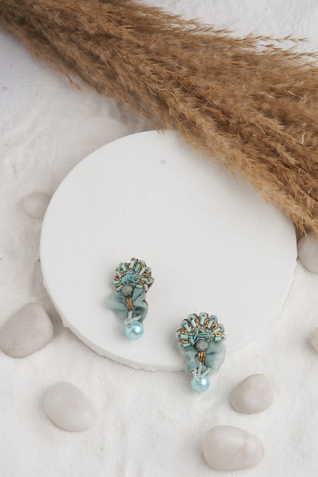 Shop_Torque By Merge_Multi Color Semi Precious Mixed Stones Organza Floral Work Earrings _at_Aza_Fashions