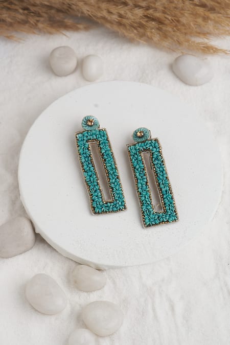 Shop_Torque By Merge_Green Semi Precious Mixed Stones Geometric Shape Sequin Embellished Earrings _at_Aza_Fashions