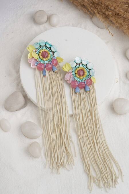 Shop_Torque By Merge_Multi Color Semi Precious Mixed Stones Beaded Fringe Floral Embellished Earrings _at_Aza_Fashions