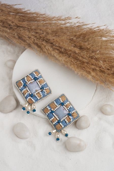 Shop_Torque By Merge_Multi Color Semi Precious Mixed Stones Diamond Shape Thread Embroidered Earrings _at_Aza_Fashions