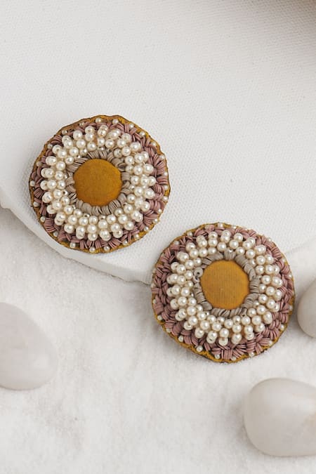 Shop_Torque by Merge_Multi Color Semi Precious Mixed Stones Sunflower Beaded Earrings _at_Aza_Fashions