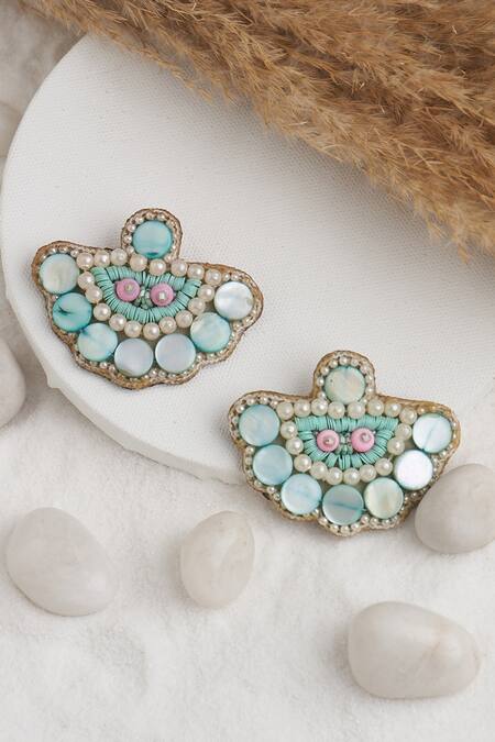 Shop_Torque By Merge_Multi Color Semi Precious Mixed Stones Diya Shape Beaded Earrings _at_Aza_Fashions