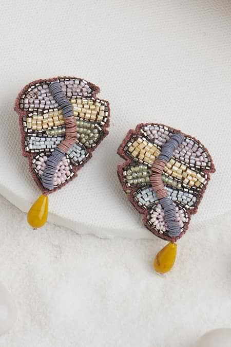 Shop_Torque By Merge_Multi Color Semi Precious Mixed Abstract Shape Sequin Embellished Earrings _at_Aza_Fashions