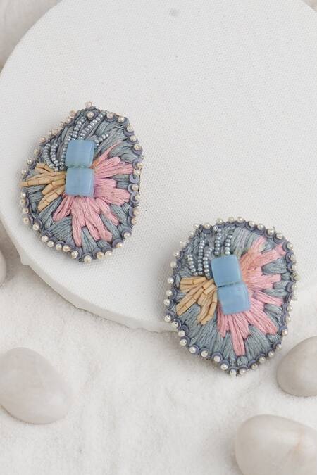 Shop_Torque By Merge_Multi Color Semi Precious Mixed Stones And Thread Embroidered Earrings _at_Aza_Fashions
