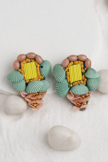 Shop_Torque By Merge_Multi Color Semi Precious Mixed Stones Shell Embellished Earrings _at_Aza_Fashions