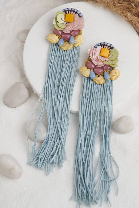 Shop_Torque By Merge_Multi Color Semi Precious Mixed Shell And Beaded Fringe Embellished Earrings _at_Aza_Fashions