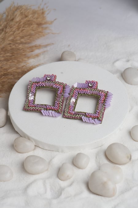 Shop_Torque By Merge_Multi Color Semi Precious Mixed Stones Square Shape Beaded Earrings _at_Aza_Fashions