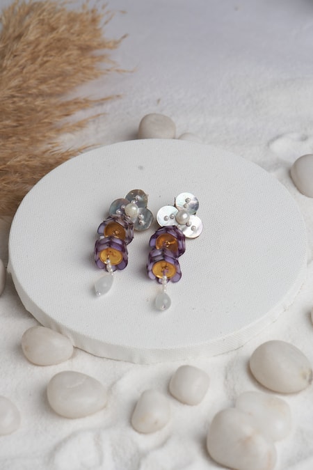 Shop_Torque By Merge_Multi Color Semi Precious Mixed Stones Floral Mirror Embellished Earrings _at_Aza_Fashions