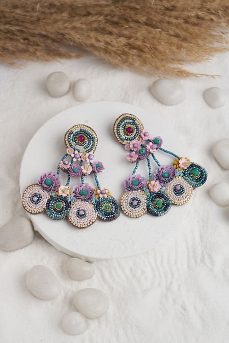 Shop_Torque By Merge_Multi Color Semi Precious Mixed Stones Beaded Evil Eye Embellished Earrings _at_Aza_Fashions