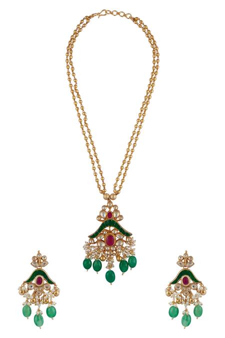 Shop_Moh-Maya by Disha Khatri_Green Pearls, Stones, Gota Patti Kundan Necklace Set _at_Aza_Fashions