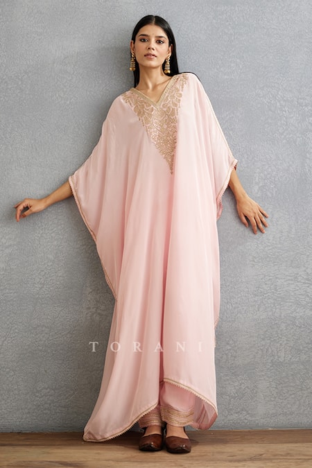 Torani Pink Cotton, Silk Embroidery V-neck Gul Mohar Yoke Kaftan And Pant Set at Aza Fashions Torani_Pink Cotton, Silk Embroidery V-neck Gul Mohar Yoke Kaftan And Pant Set _at_Aza_Fashions