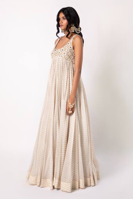 Buy_Labbada_Ivory 45 Gms Light Chanderi Silk Embroidered Bead Round And Mirror Anarkali Set_Online_at_Aza_Fashions