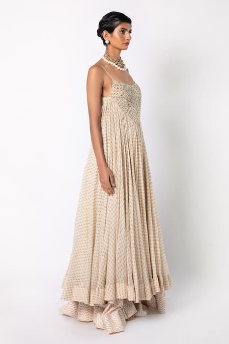 Labbada_Ivory 45 Gms Light Chanderi Silk Embroidered Block Print Anarkali And Palazzo Set_Online_at_Aza_Fashions