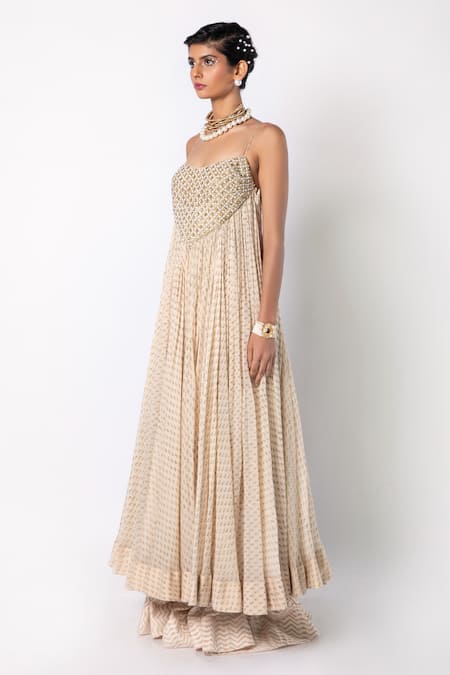 Buy_Labbada_Ivory 45 Gms Light Chanderi Silk Embroidered Block Print Anarkali And Palazzo Set_Online_at_Aza_Fashions