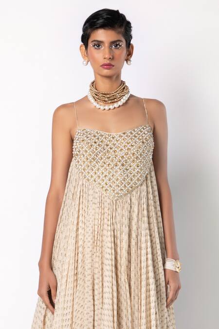 Shop_Labbada_Ivory 45 Gms Light Chanderi Silk Embroidered Block Print Anarkali And Palazzo Set_Online_at_Aza_Fashions