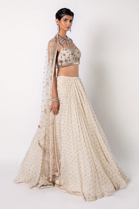 Labbada_Ivory Lehenga And Blouse 60 Gm Chanderi Silk Embroidered Block Print Set_Online_at_Aza_Fashions