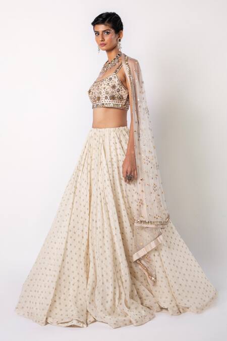 Buy_Labbada_Ivory Lehenga And Blouse 60 Gm Chanderi Silk Embroidered Block Print Set_Online_at_Aza_Fashions