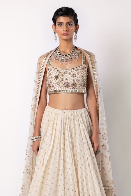 Shop_Labbada_Ivory Lehenga And Blouse 60 Gm Chanderi Silk Embroidered Block Print Set_Online_at_Aza_Fashions