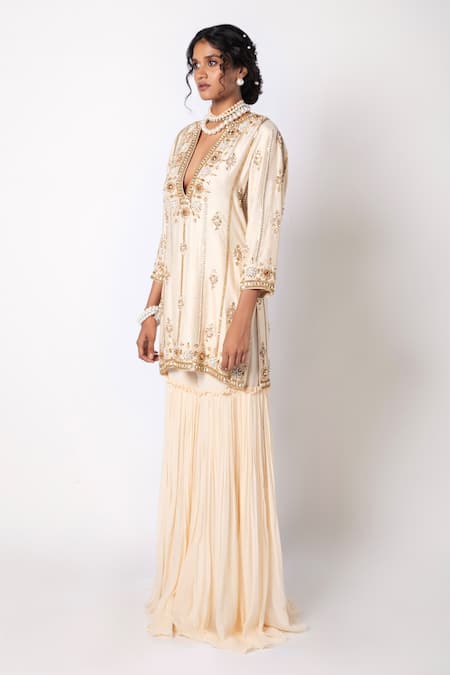 Buy_Labbada_Ivory Kurta Shimmer Cotton Silk Embroidered Pearl V Neck And Sharara Set_Online_at_Aza_Fashions