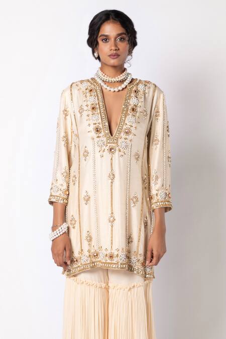 Shop_Labbada_Ivory Kurta Shimmer Cotton Silk Embroidered Pearl V Neck And Sharara Set_Online_at_Aza_Fashions