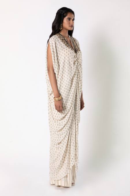 Labbada_Ivory Crepe, Cotton, Silk Beads V-neck Embroidered Kaftan And Pant Set_Online_at_Aza_Fashions