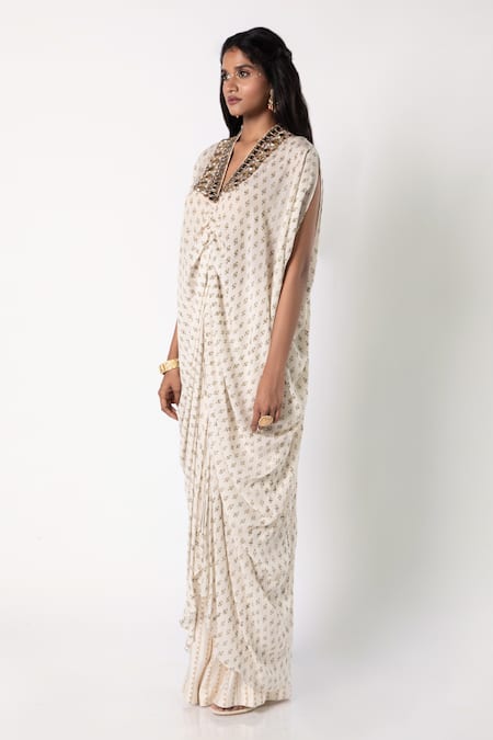 Buy_Labbada_Ivory Crepe, Cotton, Silk Beads V-neck Embroidered Kaftan And Pant Set_Online_at_Aza_Fashions