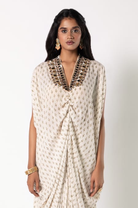 Shop_Labbada_Ivory Crepe, Cotton, Silk Beads V-neck Embroidered Kaftan And Pant Set_Online_at_Aza_Fashions