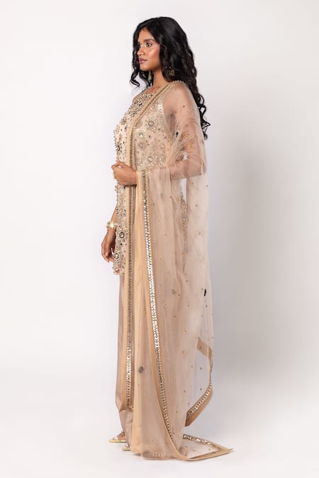 Buy_Labbada_Beige Kurta Tulle Embroidered Bead Round Pant Set_Online_at_Aza_Fashions
