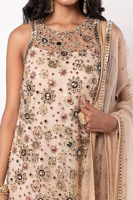Shop_Labbada_Beige Kurta Tulle Embroidered Bead Round Pant Set_Online_at_Aza_Fashions