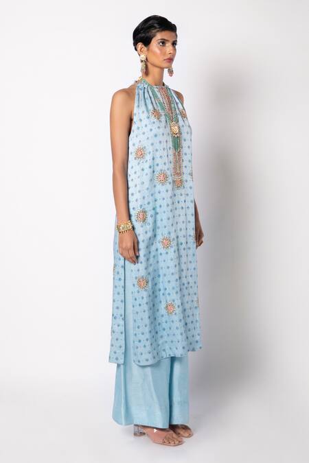 Labbada_Blue Linen, Satin, Cotton, Silk Beads, Block Print Embroidered Kurta And Pant Set_Online_at_Aza_Fashions