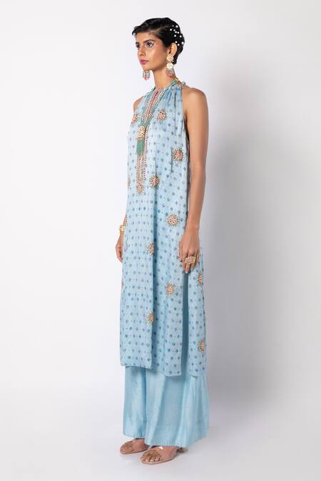 Buy_Labbada_Blue Linen, Satin, Cotton, Silk Beads, Block Print Embroidered Kurta And Pant Set_Online_at_Aza_Fashions