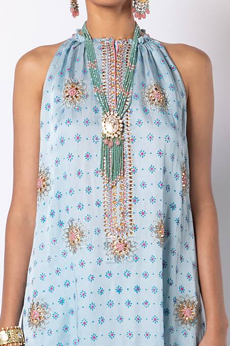 Shop_Labbada_Blue Linen, Satin, Cotton, Silk Beads, Block Print Embroidered Kurta And Pant Set_Online_at_Aza_Fashions