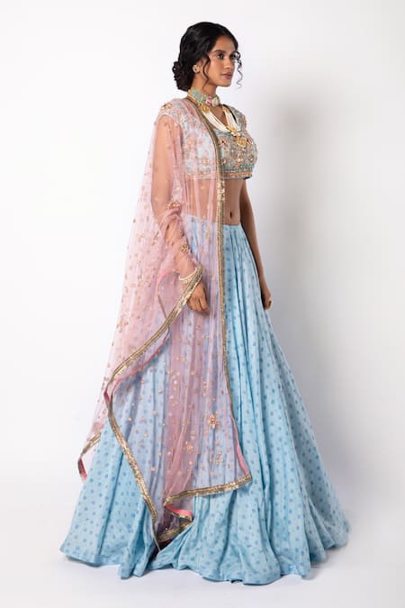 Labbada_Blue Lehenga And Blouse 60 Gm Chanderi Silk Embroidered Bead Block Print Set_Online_at_Aza_Fashions