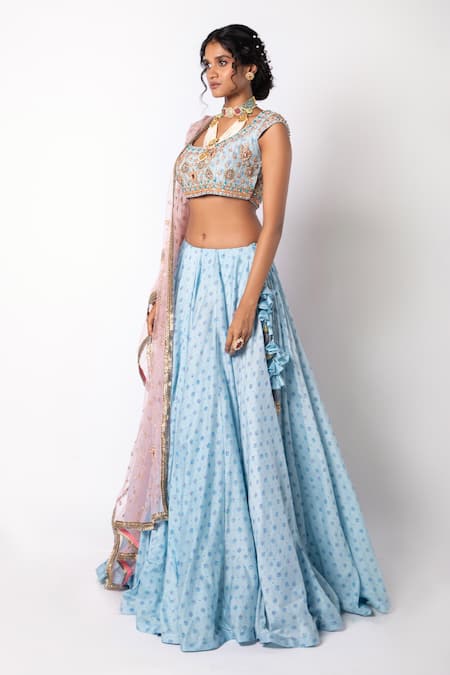 Buy_Labbada_Blue Lehenga And Blouse 60 Gm Chanderi Silk Embroidered Bead Block Print Set_Online_at_Aza_Fashions