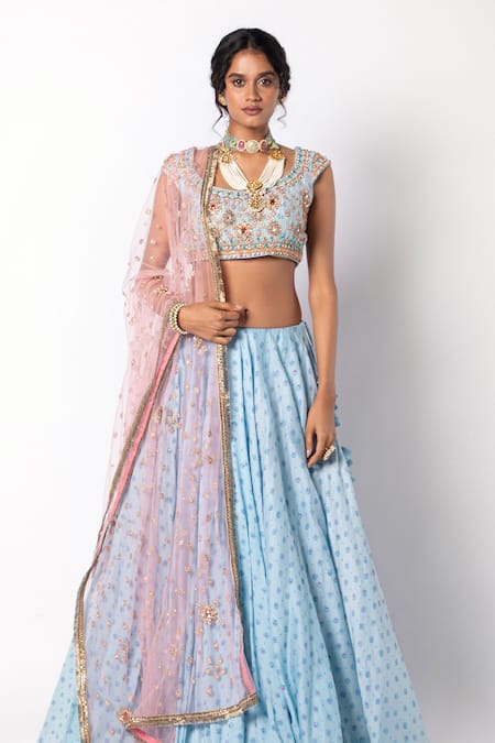 Shop_Labbada_Blue Lehenga And Blouse 60 Gm Chanderi Silk Embroidered Bead Block Print Set_Online_at_Aza_Fashions