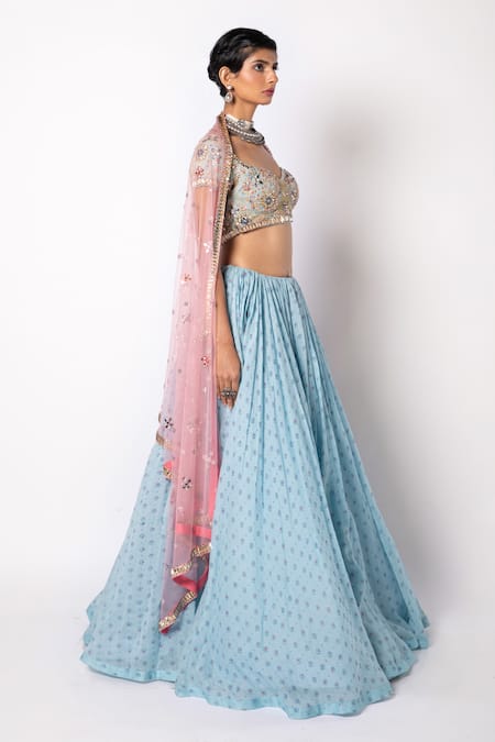 Labbada_Blue Lehenga And Blouse 45 Gm Chanderi Silk Embroidered Block Print Hand Set_Online_at_Aza_Fashions