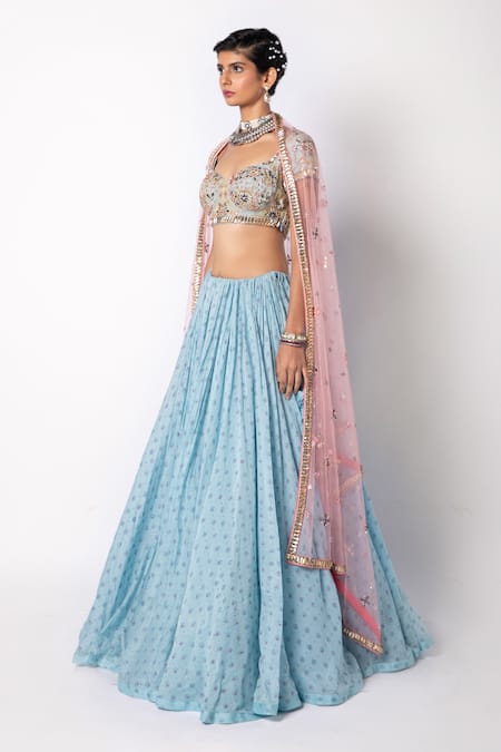 Buy_Labbada_Blue Lehenga And Blouse 45 Gm Chanderi Silk Embroidered Block Print Hand Set_Online_at_Aza_Fashions
