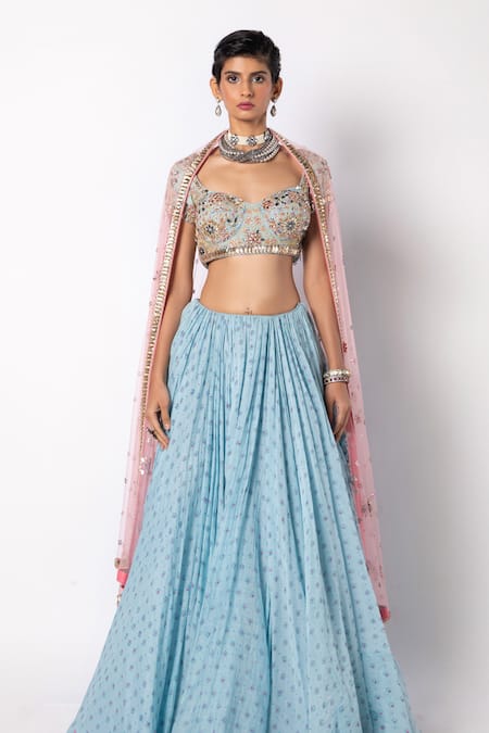Shop_Labbada_Blue Lehenga And Blouse 45 Gm Chanderi Silk Embroidered Block Print Hand Set_Online_at_Aza_Fashions