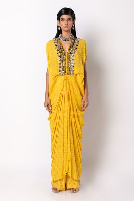 Labbada Yellow Natural Crepe Kaftan Print Geometric Hand Embroidered Placket With Pant 