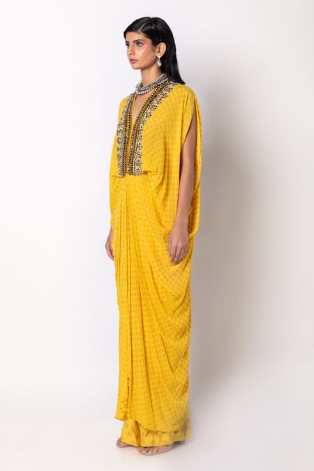 Buy_Labbada_Yellow Crepe, Cotton, Silk Crystals, Hand Embroidered Placket Kaftan With Pant_Online_at_Aza_Fashions