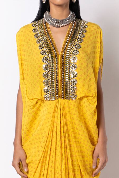 Shop_Labbada_Yellow Crepe, Cotton, Silk Crystals, Hand Embroidered Placket Kaftan With Pant_Online_at_Aza_Fashions