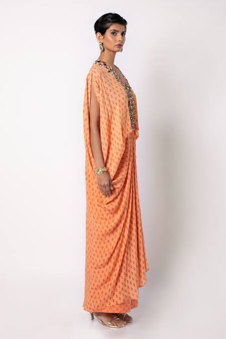Labbada_Orange Crepe, Cotton, Silk Crystals, Hand Embroidered Placket Kaftan With Pant_Online_at_Aza_Fashions