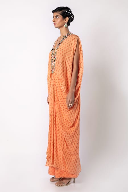 Buy_Labbada_Orange Crepe, Cotton, Silk Crystals, Hand Embroidered Placket Kaftan With Pant_Online_at_Aza_Fashions