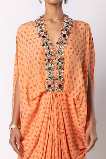Shop_Labbada_Orange Crepe, Cotton, Silk Crystals, Hand Embroidered Placket Kaftan With Pant_Online_at_Aza_Fashions