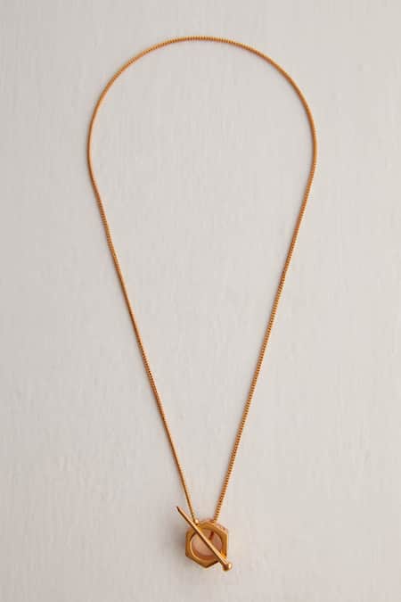 Shop Outhouse Gold Plated Poppi Bolt-t Pendant Necklace at Aza Fashions Shop_Outhouse_Gold Plated Poppi Bolt-t Pendant Necklace _at_Aza_Fashions