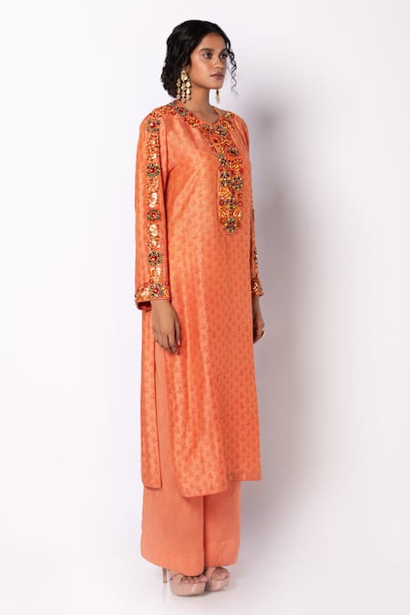 Labbada_Orange Linen, Silk, Cotton Cut Work Placement Hand Embroidered Kurta With Pant_Online_at_Aza_Fashions