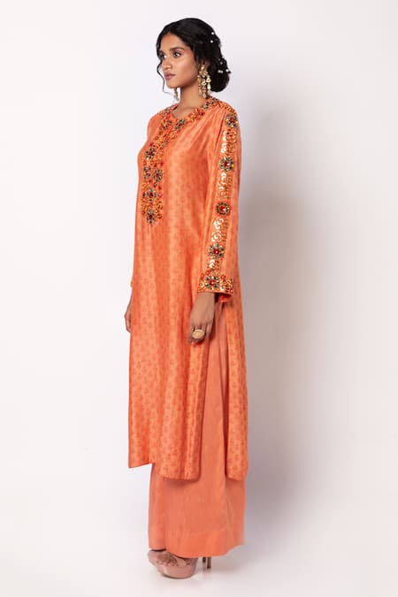 Buy_Labbada_Orange Linen, Silk, Cotton Cut Work Placement Hand Embroidered Kurta With Pant_Online_at_Aza_Fashions