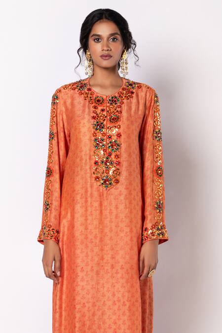 Shop_Labbada_Orange Linen, Silk, Cotton Cut Work Placement Hand Embroidered Kurta With Pant_Online_at_Aza_Fashions