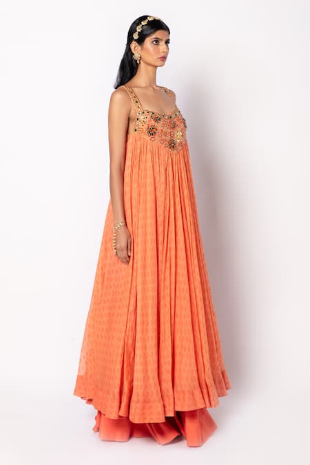 Labbada_Orange 45 Gm Light Chanderi Silk Anarkali Print Geometric And Palazzo Set_Online_at_Aza_Fashions