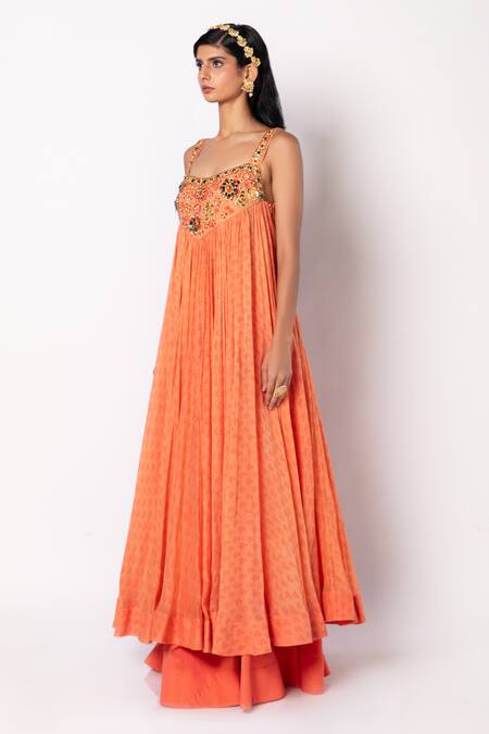 Buy_Labbada_Orange 45 Gm Light Chanderi Silk Anarkali Print Geometric And Palazzo Set_Online_at_Aza_Fashions